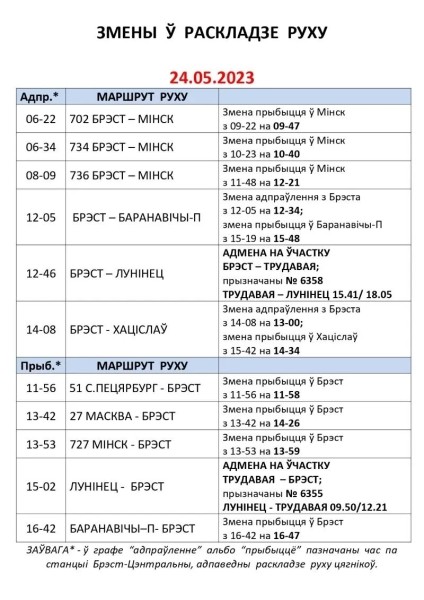 Вокзал станции Брест-Центральный сообщает об изменениях в расписании поездов на следующей неделе Вокзал станции Брест-Центральный сообщает об изменениях в расписании поездов на следующей неделе